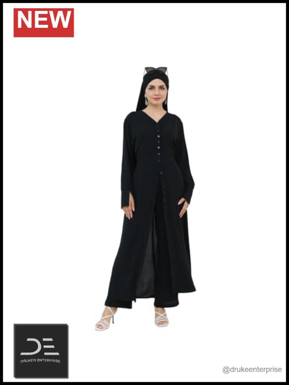 Muslim 2-Piece Abaya Set Long Sleeve Button Down Shirt Wide Leg Pants Modest